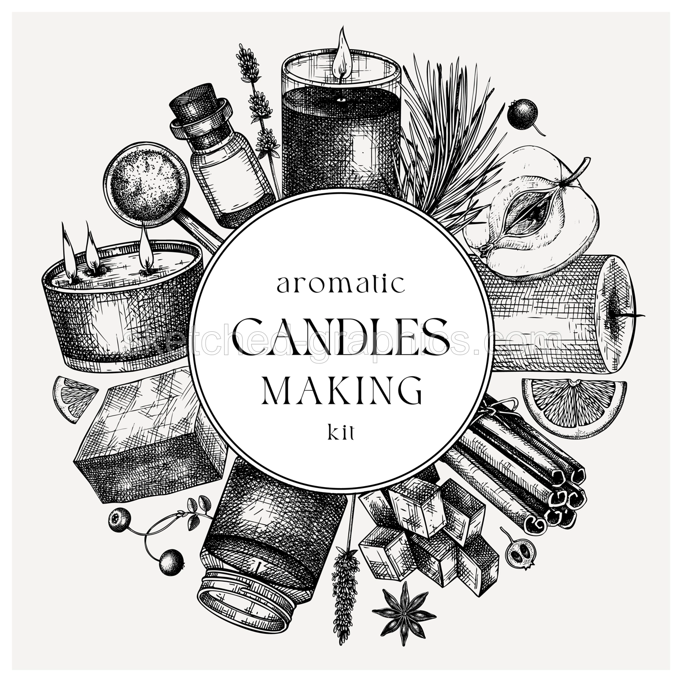 Hand sketched candle-making card design. Vintage candles, herbs, wax, fruits, spices, skewers hand drawings round wreath. Perfect template for aromatherapy, hobby, handcrafts, candle making, package Illustration